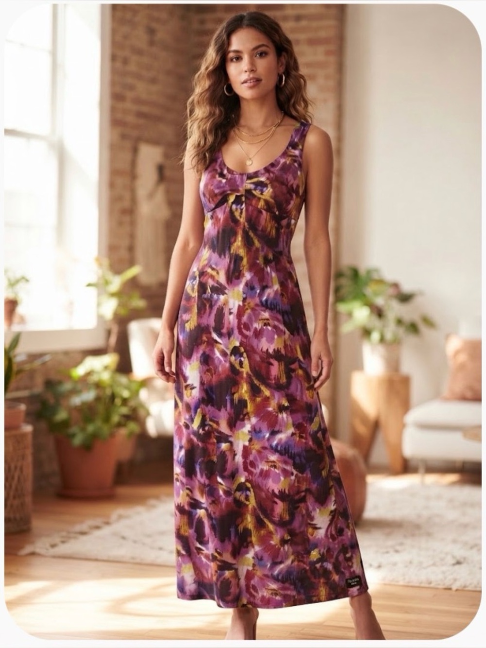 Style & Co. Purple Floral Tie-Dye Maxi Dress with Gold Accents